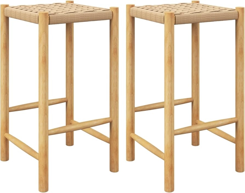 Bar Stool Backless Natural Wood with Woven Rattan Saddle Seat Boho