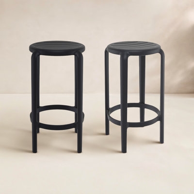 Bar Stool Backless Silhouette Woven Seat Charcoal Grey Wood Toned