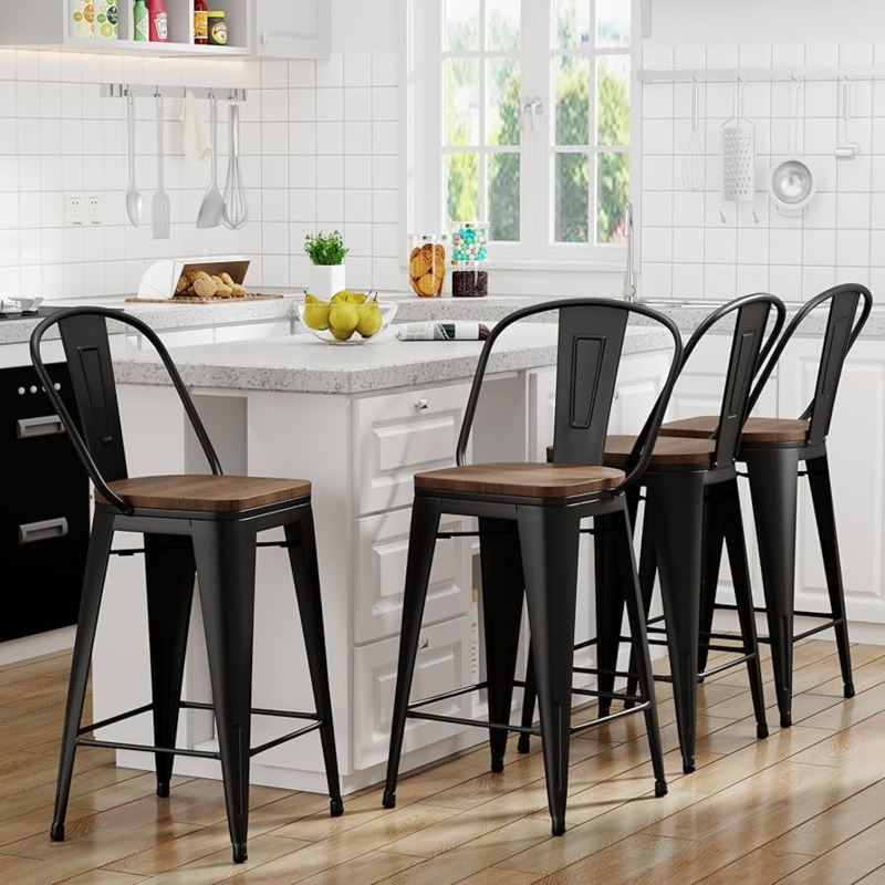 Bar Stool Black Metal Slat Back with Warm Wood Toned Seat Farmhouse