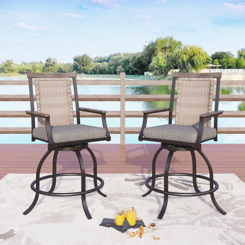 Bar Stool Black Steel Woven Rattan Back Swivel Seat Boho Kitchen