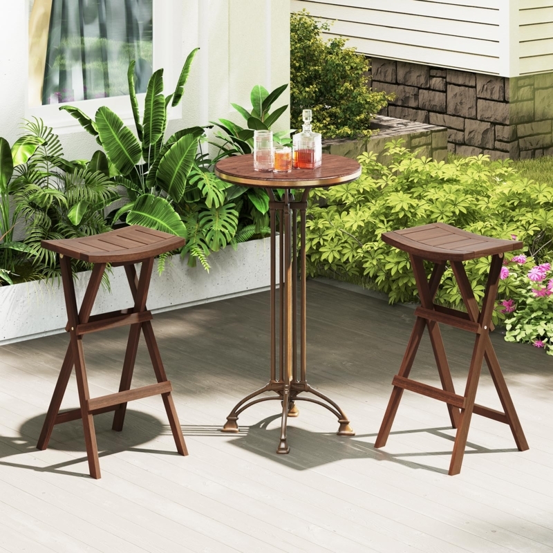 Bar Stool Folding Design Saddle Seat Teak Finish Wood Grain