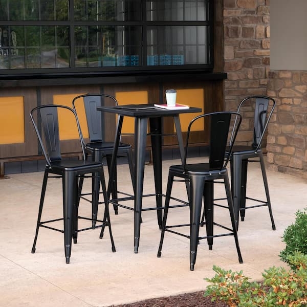 Bar Stool Industrial Matte Black Metal Curved Slat Back Handle