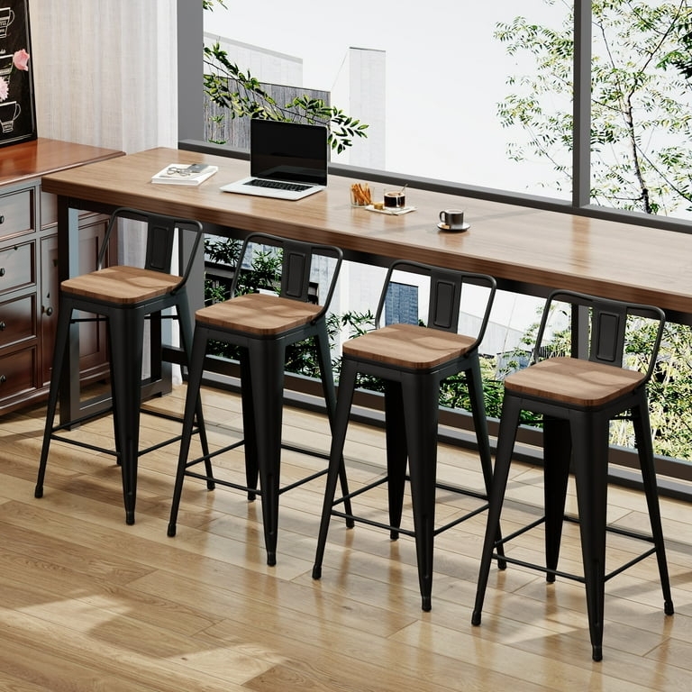 Bar Stool Matte Black Metal Low Back Dark Wood Seat X-Brace Industrial