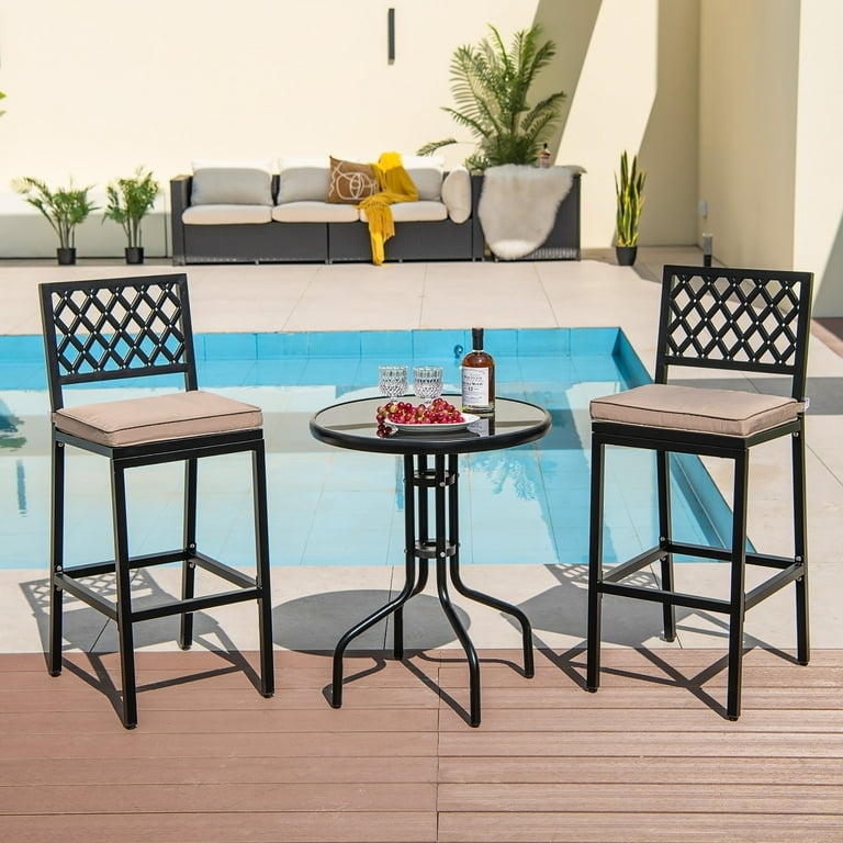Bar Stool Metal Frame Beige Cushions Lattice Back Bistro Patio