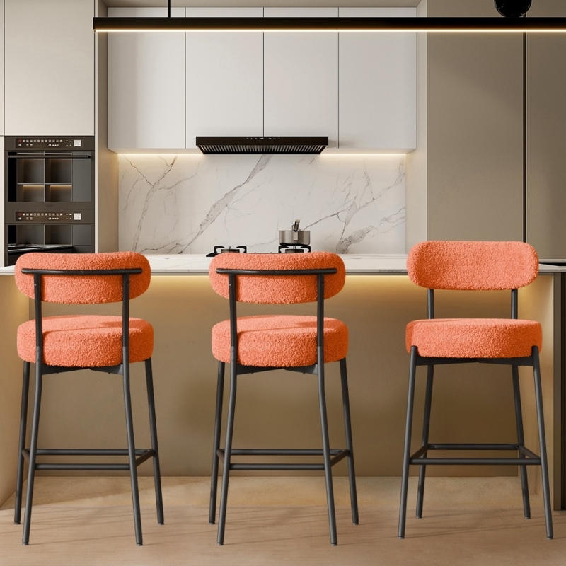 Bar Stool Orange Boucle Curved Open Back Round Seat Vibrant Set
