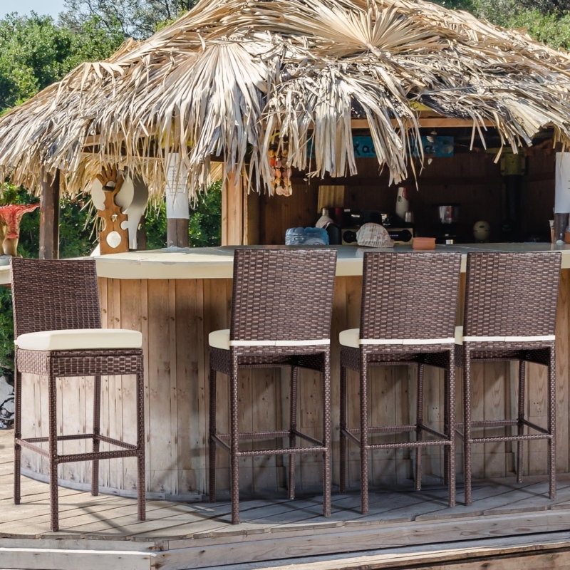 Bar Stool Rattan Cane Woven High Back Cream Cushion Patio Seating