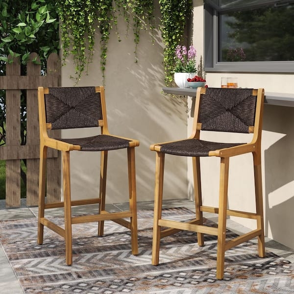 Bar Stool Set of 2 Wood Frame Contrast Woven Wicker Rustic Modern Patio