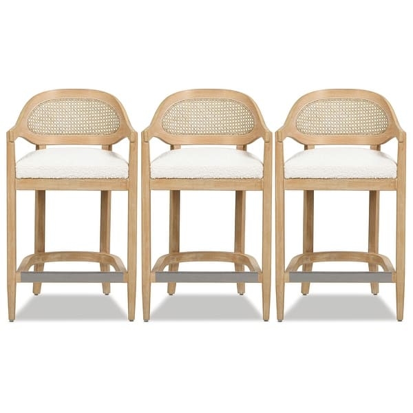 Bar Stool Taupe Wood Frame Cane Back White Textured Seat Coastal