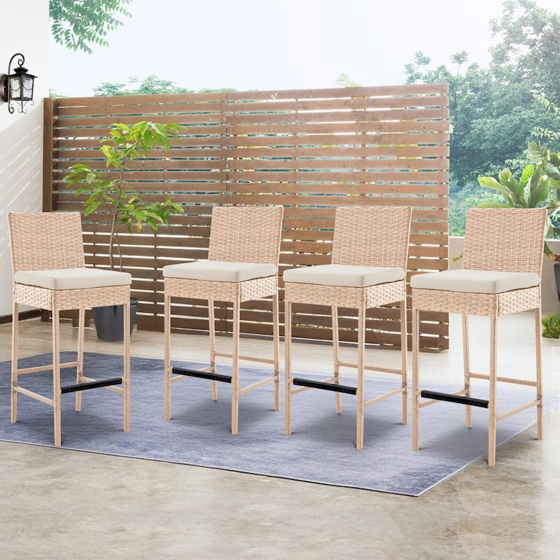 Bar Stool Vibrant Yellow Cushion Rattan Cane Wicker Stool Patio Seating