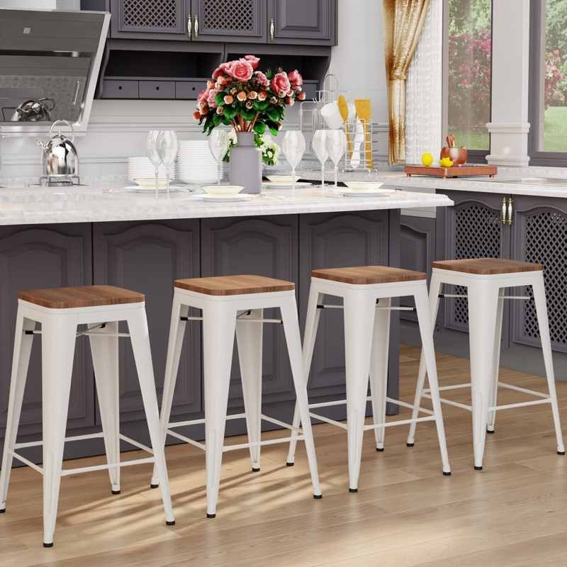 Bar Stool White Metal Backless Matte Finish Integrated Handle Industrial