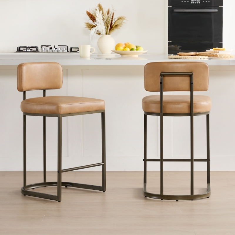 Bar Stool White Upholstered Barrel Back Polished Gold Sled Base Glam