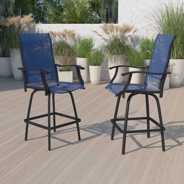 Bar Stool with Navy Blue Finish and Industrial Slat Back Design