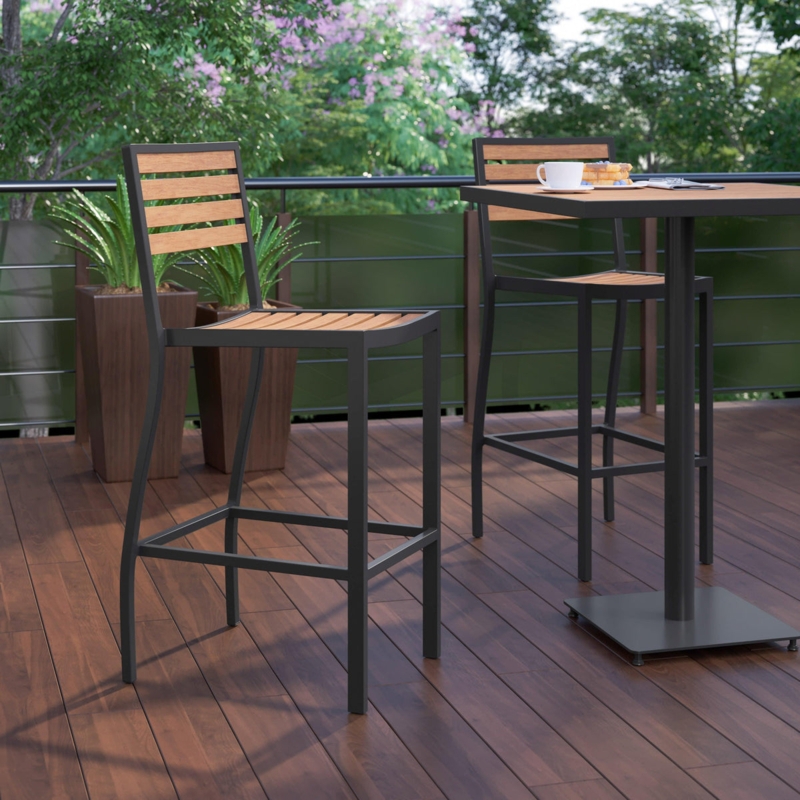 Bar Stool Wood Look Slats Black Metal Frame Industrial Style