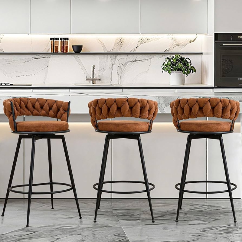 Bar Stool Woven Back Suede Upholstery Sculptural Silhouette Brown