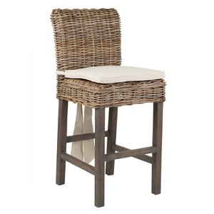 Bar Stool Woven Rattan Weathered Wood Legs Cream Cushion Coastal