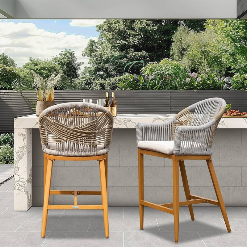 Bar Stool Woven Rope Aluminum Frame Modern Boho Balcony Seating