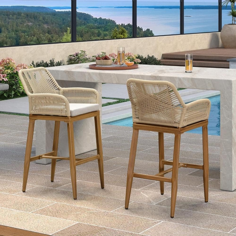 Bar Stools Modern Rattan Back with Black Aluminum Frame and Cushions