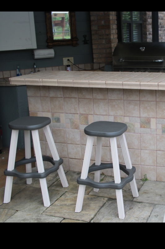 Barstool Backless Warm Grey Frame Redwood Toned Slatted Seat Resin