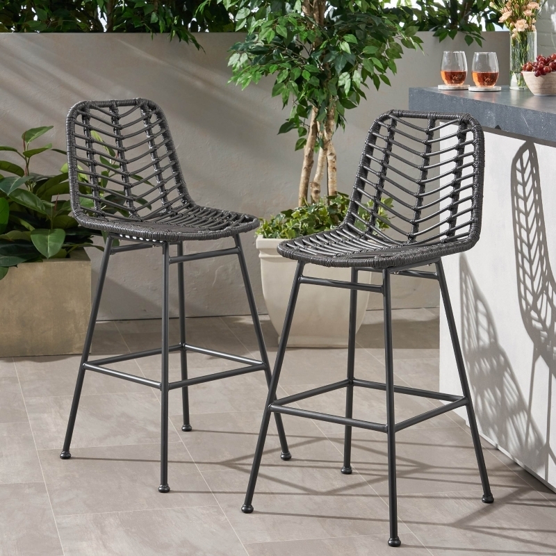 Barstool Grey Woven Seat Slim Profile Black Metal Frame Modern
