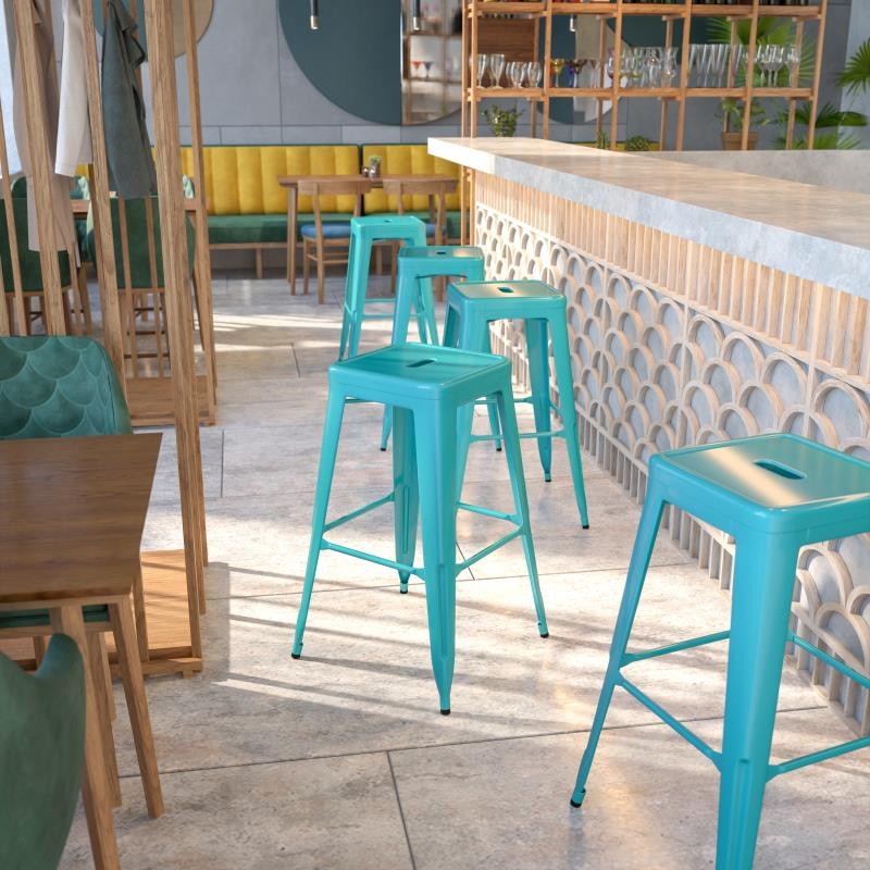 Barstool with Vibrant Teal Blue Glossy Finish and Backless Design