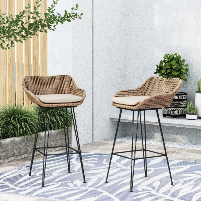 Barstools Modern Outdoor Barstool Set Woven Wicker and Black Metal