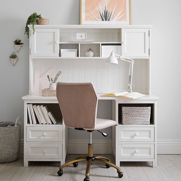 Beadboard Desk Hutch Set, White with Double Cubby Storage