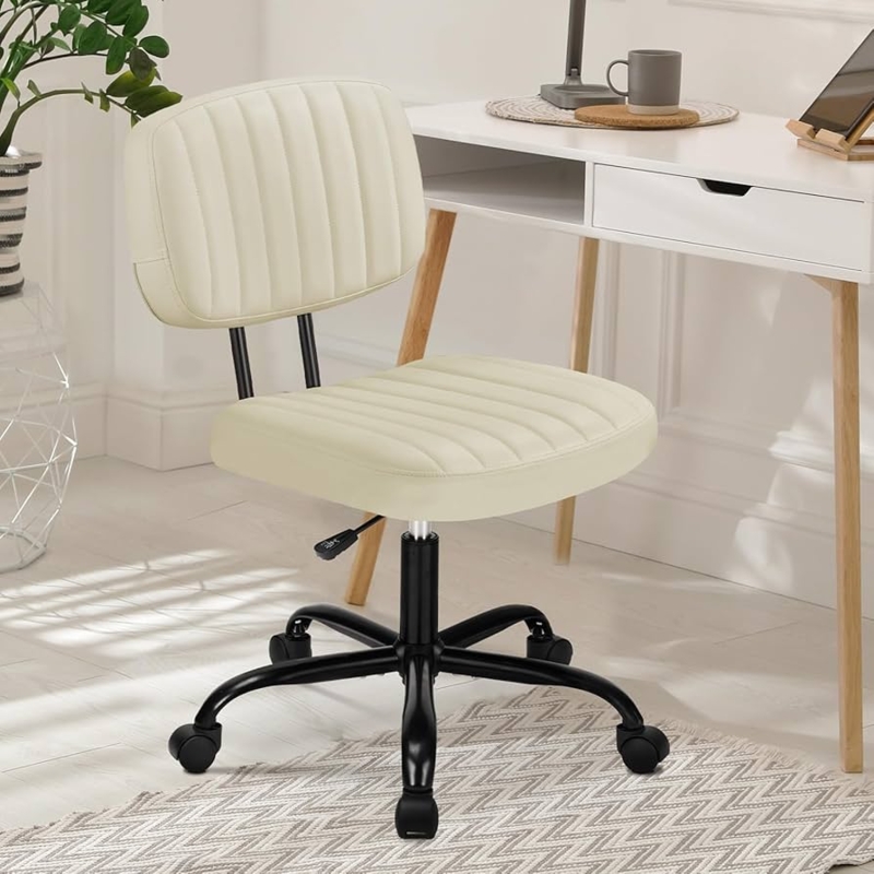 Beige Ribbed Office Chair with White Base and Armless Design