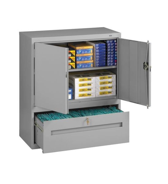 Beige Storage Cabinet Counter Height Combination Design Recessed Pulls