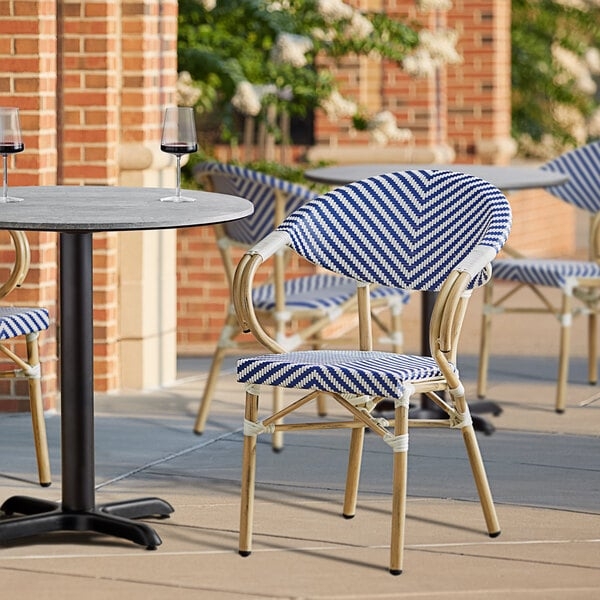 Bistro Armchair Blue and White Chevron Woven Pattern Wood Look Frame