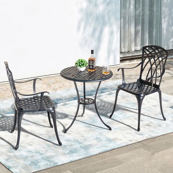 Bistro Set Black Cast Aluminum Intricate Lattice Openwork Pedestal Table
