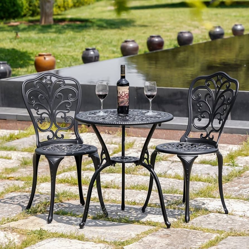 Bistro Set Black Metal Floral Filigree Pedestal Base Umbrella Hole