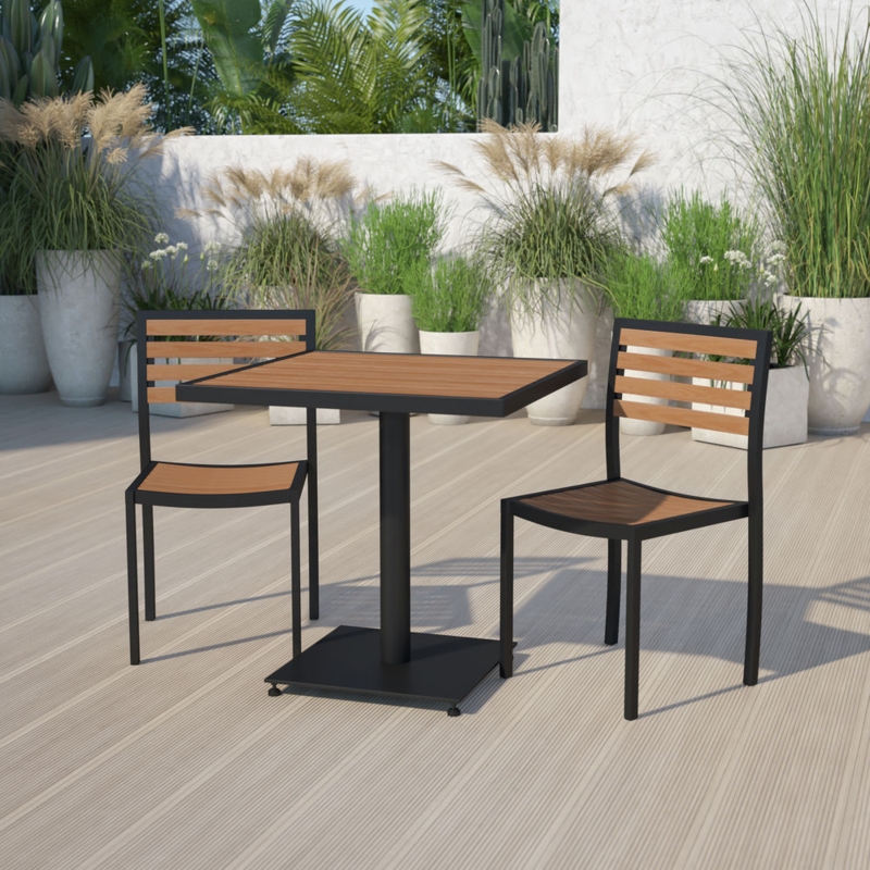 Bistro Set Black Metal Frame Wood Toned Poly Slats Modern Industrial
