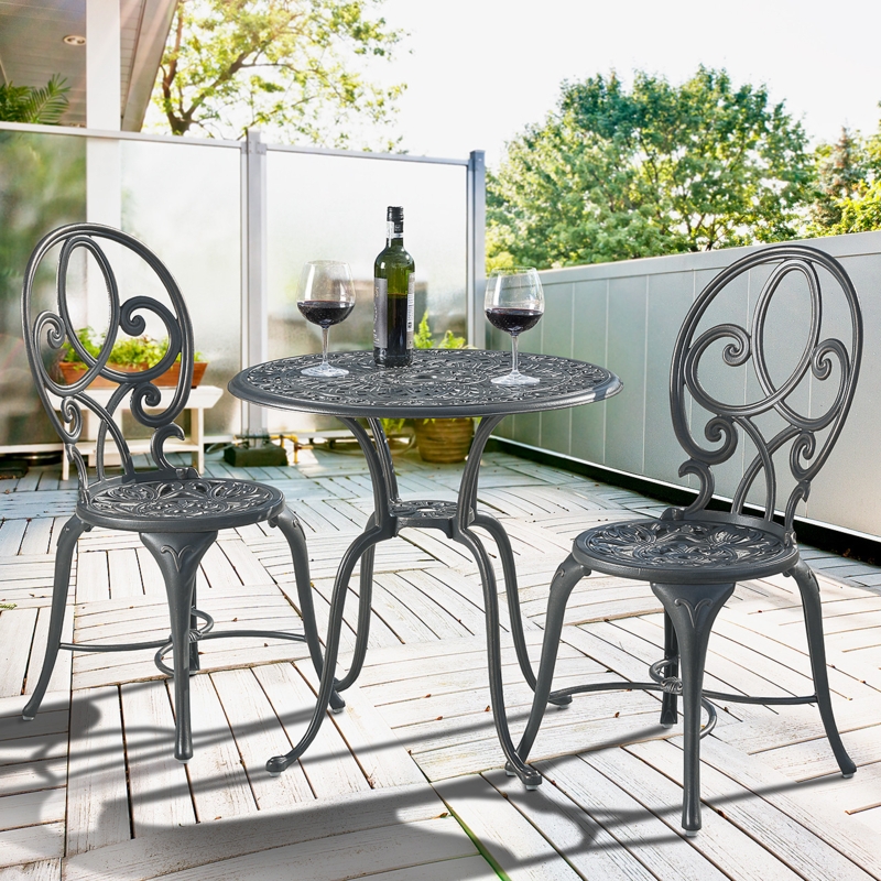 Bistro Set Cast Aluminum Saddle Grey Finish Scrolled Back Patio Seating