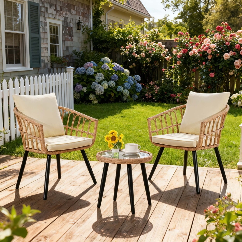 Bistro Set Coastal Woven Texture Glass Top Beige Removable Cushions