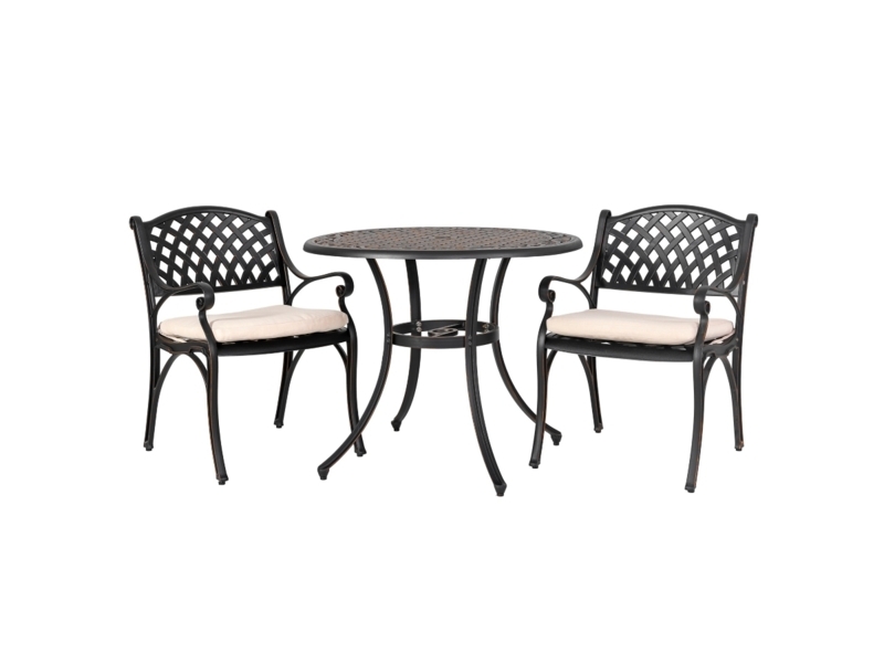 Bistro Set, Espresso Woven Rattan, White Cushion Contrast, Glass Top