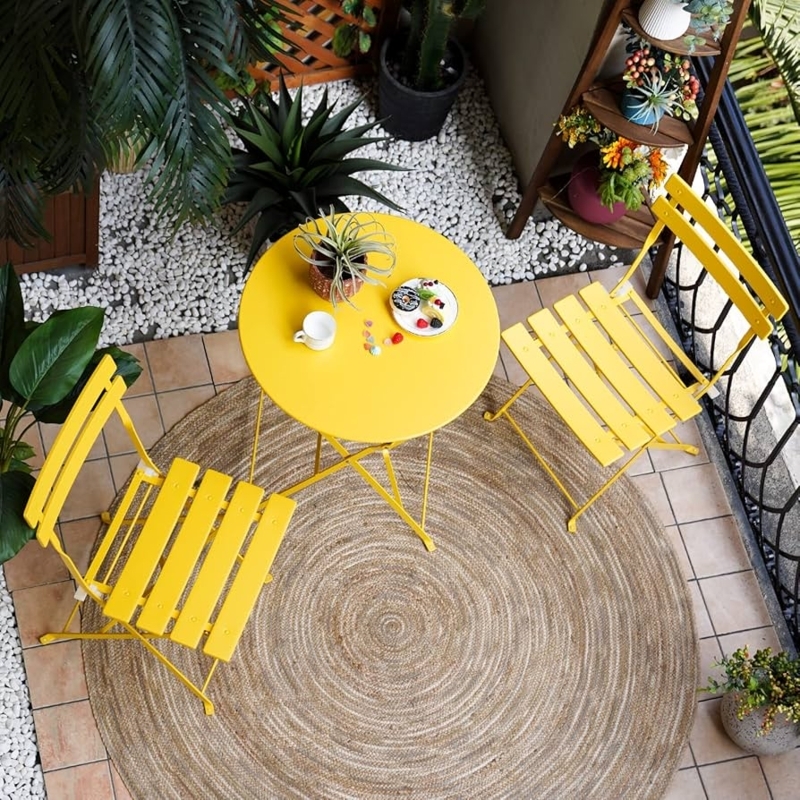 Bistro Set Folding Metal Slats Weather Resistant Garden