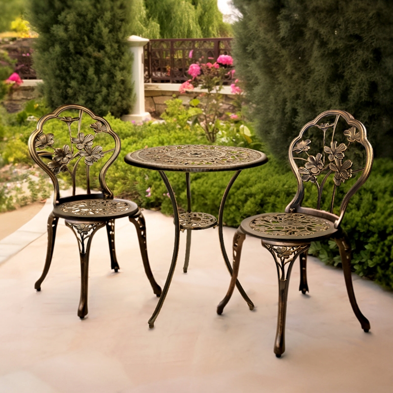 Bistro Set Hibiscus Floral Motif Antique Bronze Finish Lakeside Patio