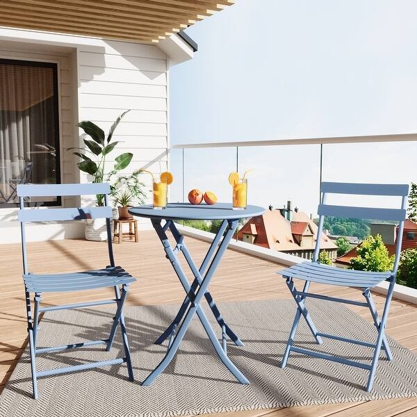 Bistro Set Light Blue Foldable Slatted Metal French Style 3 Piece