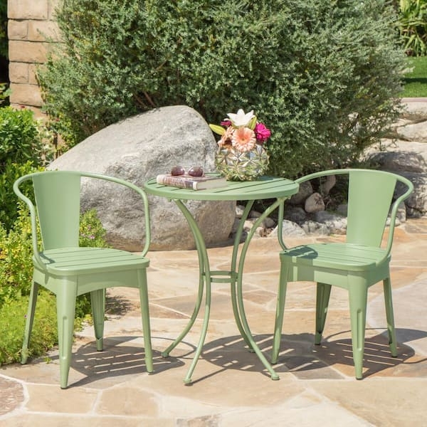 Bistro Set, Matte Green Metal, Circular Cut-Out Pattern