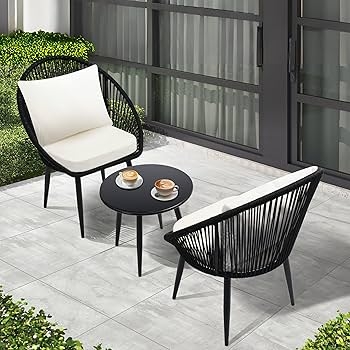 Bistro Set Modern Woven Rope Silhouette Black And White Poolside