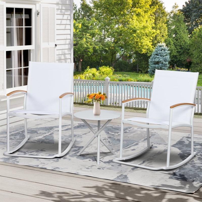 Bistro Set Rocking Motion White Monochrome Mesh Seating Modern Style