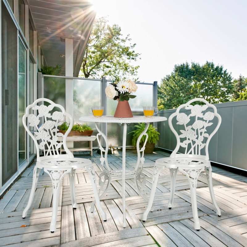 Bistro Set Rose Design White Flared Legs Victorian Garden Seating