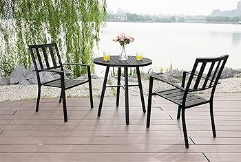 Bistro Set Slatted Metal Design Compact Size Matte Black Patio Furniture Styling