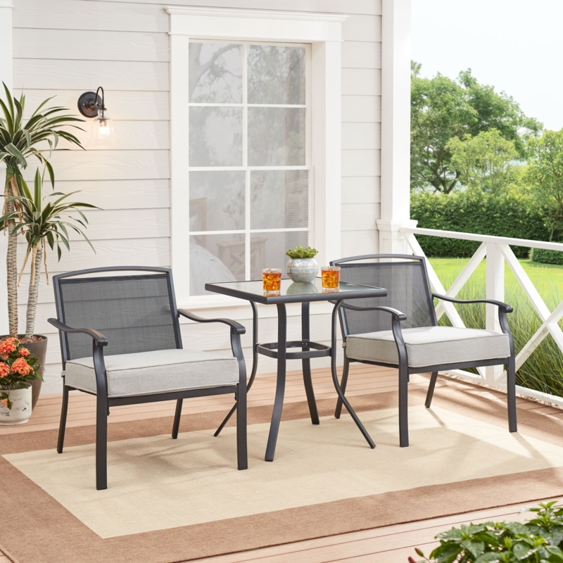 Bistro Set Slatted Metal Top Gray Leaf Print Cushions Traditional Patio