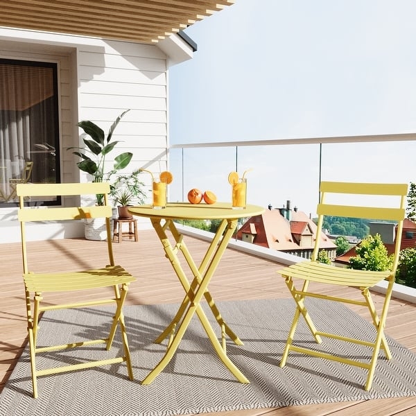 Bistro Set Teal Color Foldable Metal Slats Round Table 3 Piece