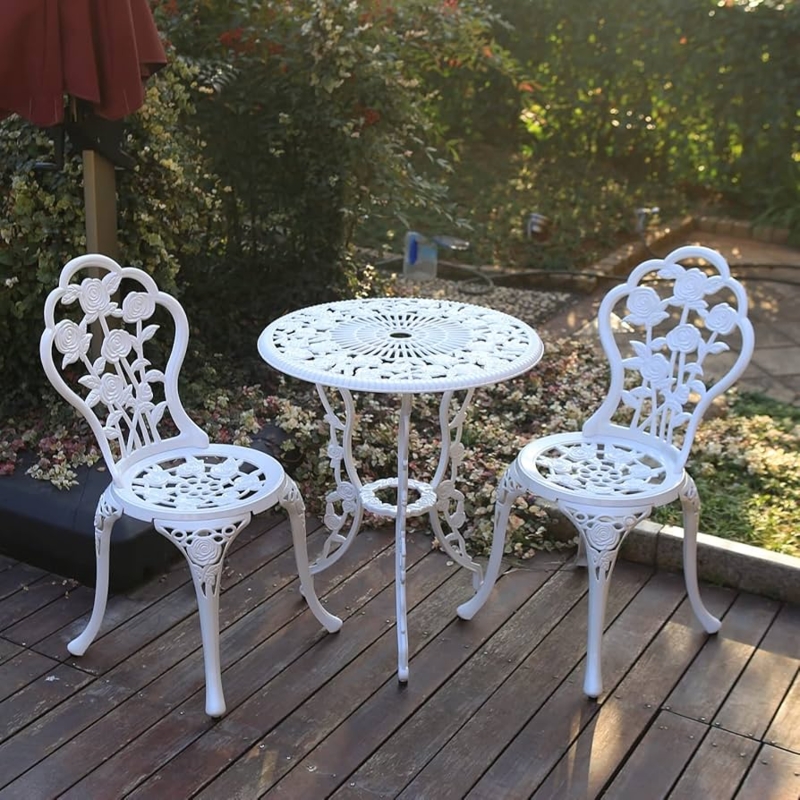 Bistro Set White Cast Aluminum Floral Motif Lattice Work Vintage Patio