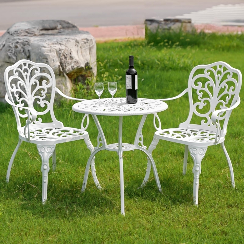 Bistro Set White Cast Aluminum Ornate Details Integrated Umbrella Hole