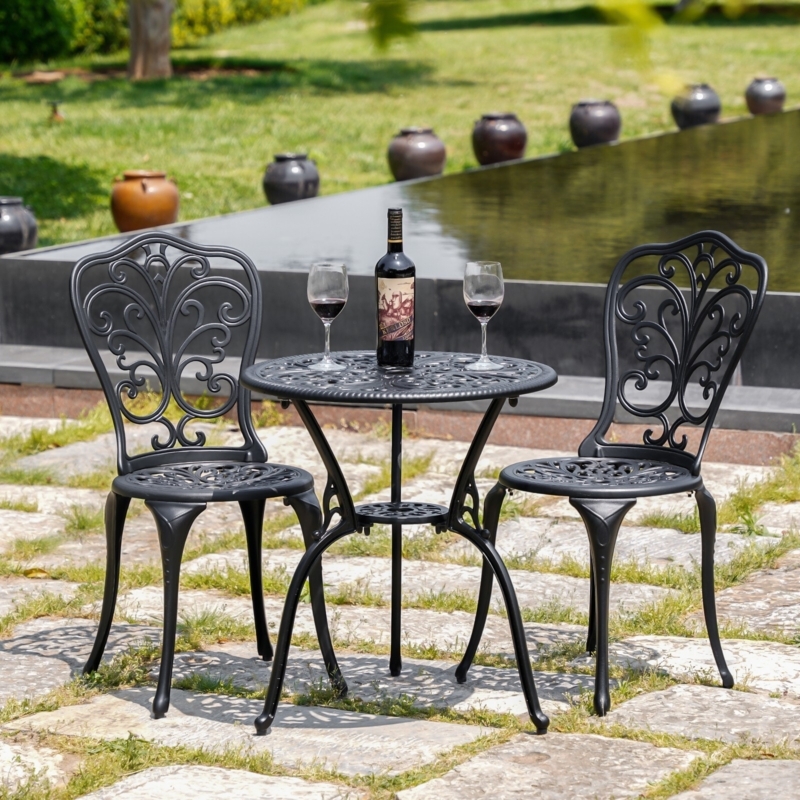 Bistro Set White Metal Umbrella Hole Ornate Filigree Traditional Patio
