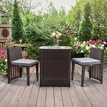 Bistro Set with Glass Top Table Wicker Rattan Small Space Patio Furniture Layout