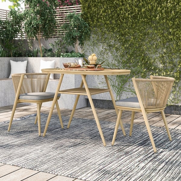 Bistro Set, Wood Look Aluminum with Modern Rope Weave Chairs